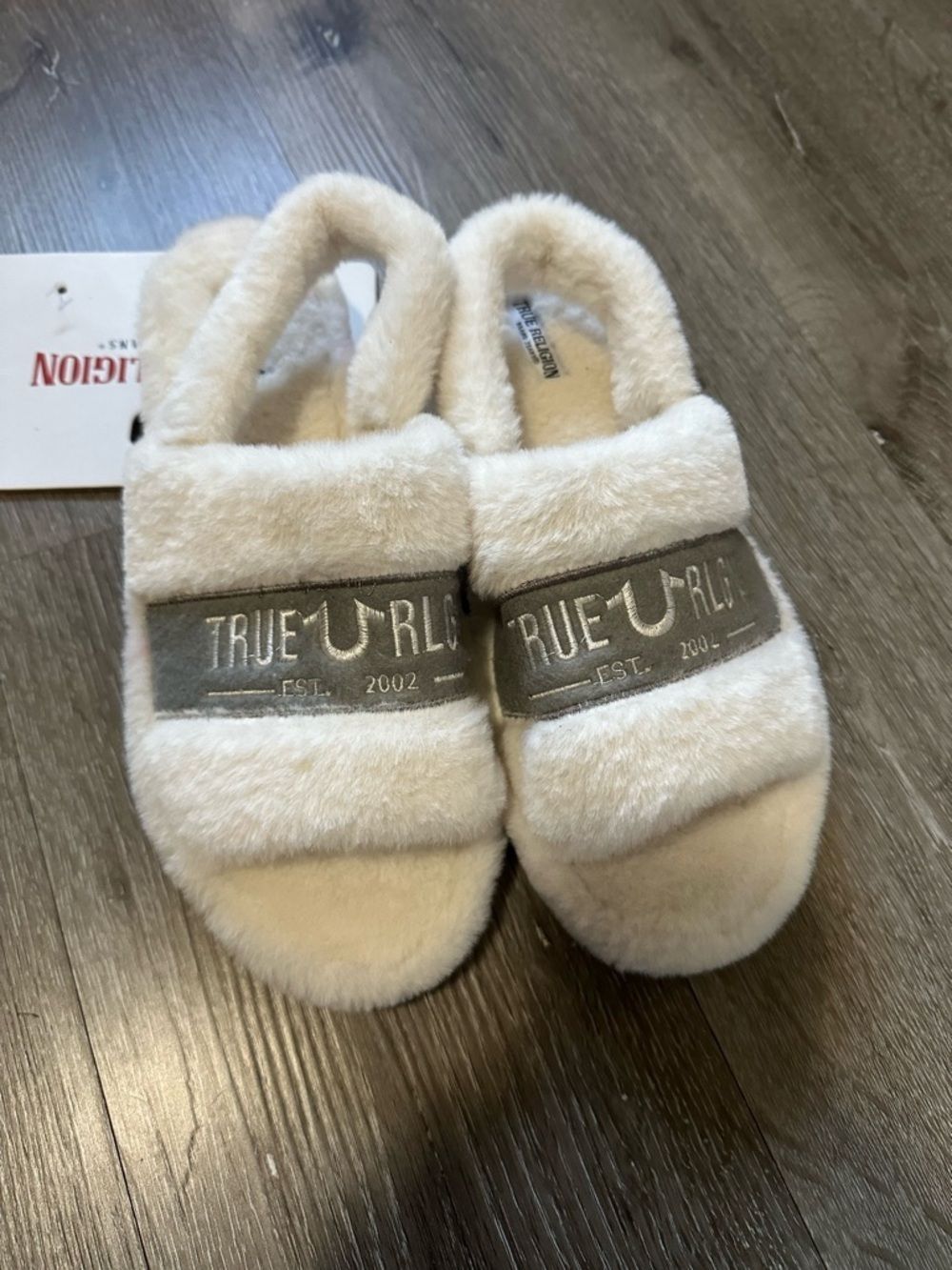 True Religion Cream Fuzzy Slide Slippers with Branded Strap